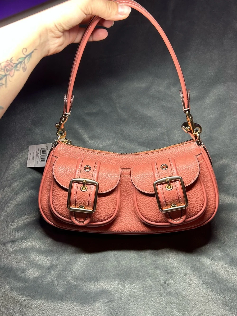Coach Coral Pink Pebbled Leather Shoulder Bag with Front Buckle Pockets